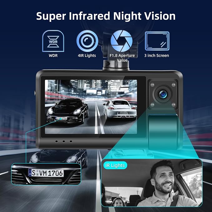 3 Channel Dash Cam for Cars, Dash Cam Front and Rear Inside, Bulit-in WiFi: 3 inch IPS Screen, 1080P Triple Dash Camera with 64GB Card, G-Sensor, Loop Record, Night Vision + Rearview Camera