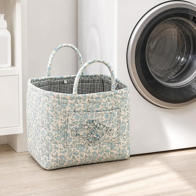 Floral Fabric Storage Basket Car Interior Storage Basket Underwear Sundries Laundry Baskets Supplies Home Organizer Bag (Blue floral A)