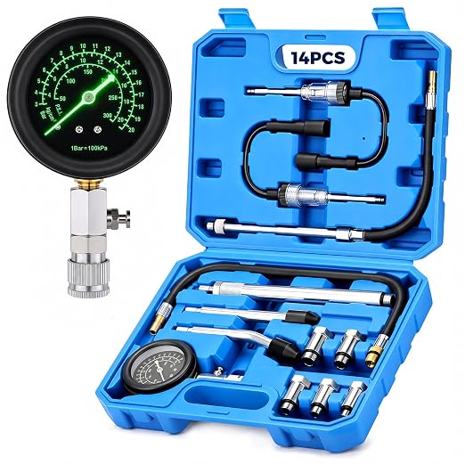 13PCS Compression Tester Kit, 0-300 PSI Triple-Scale Gauge with Fluorescent Dial, 5 Metal Adapters M10-M18 & 2 Spark Plug Testers, for Gasoline Engines Cars Trucks ATV Small Engines