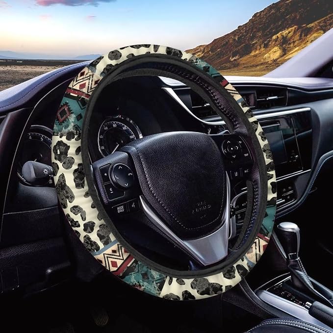 Aztec Cow Print Beige Auto Steering Wheel Cover Universal 15 Inch Diameter Anti-Slip Neoprene Car Steering Wheel Protector for Women Men