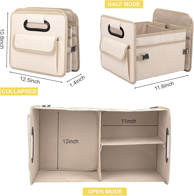 Car Trunk Organizer, Car Organizers and Storage Collapsible Multi Compartment Container Box, Adjustable Car Accessories for SUV Sedan Truck, Standard Size, Beige