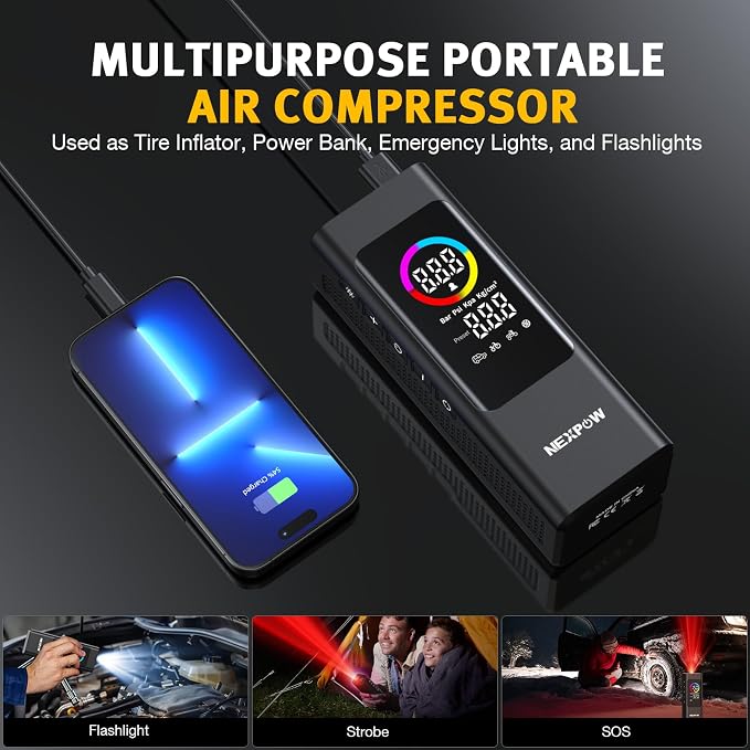 Tire Inflator Portable Air Compressor, 150 PSI Cordless Car Air Pump with Digital Gauge, Rechargeable 7800mAh Battery, LED Light, for Car Tires, Bike, Motorcycle, Ball, Inflatables