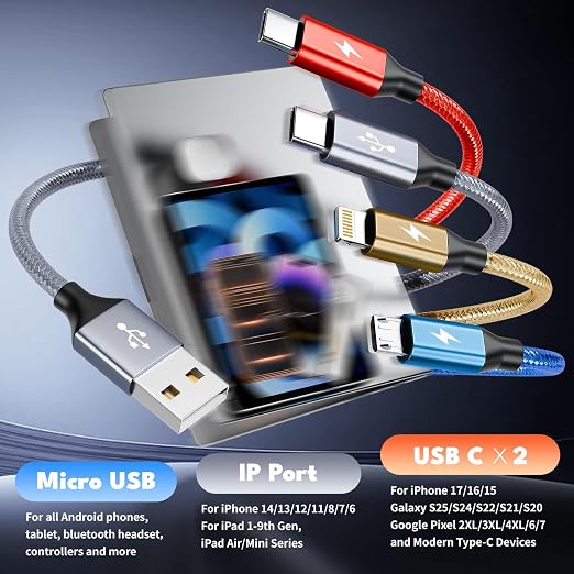 4 in 1 Multi Charging Cable,Dual Type-C Multiple Charger Cable Nylon Braided Multi USB Cable Charging Cord with IP/Type C/Micro USB Ports for Cell Phones/iPhone/Tablets/Galaxy & More-1Pack 5ft.