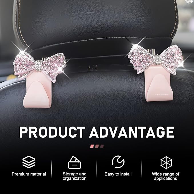 2PCS Bling Bow Car Seat Headrest Hooks, S Type Cute Bow Car Seat Back Hanger Storage for Purses Bags Grocery, Crystal Rhinestone Vehicle Rear Seats Organizer, Universal for Most Cars (Pink)