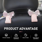 2PCS Bling Bow Car Seat Headrest Hooks, S Type Cute Bow Car Seat Back Hanger Storage for Purses Bags Grocery, Crystal Rhinestone Vehicle Rear Seats Organizer, Universal for Most Cars (Pink)