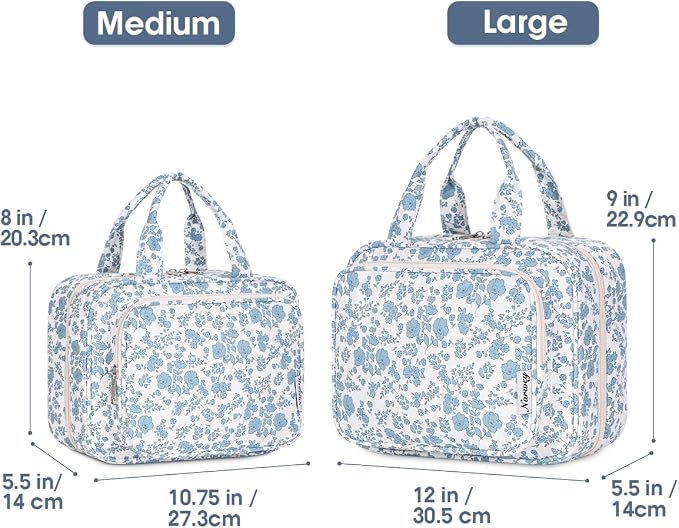Travel Toiletry Bag for Women Large Hanging Makeup Bag Organizer Toiletries Bag for Full Size Essentials Accessories Cosmetics (Blue Flower (Large))