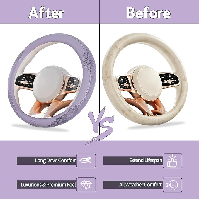 6 PCS Nappa Microfiber Leather Purple Steering Wheel Cover Set, Breathable Fabric Steering Wheel Cover 14.5-15inch Universal, Car Center Console Cover, Seat Belt Cushion, Cup Holder Coaster