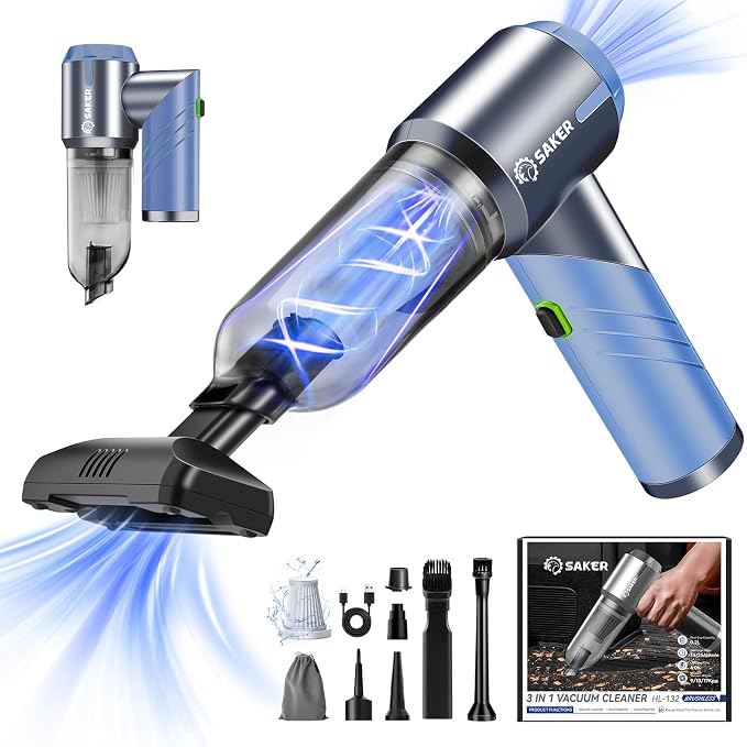 Portable Car Vacuum Cleaner Cordless High Power 17000PA 3 in 1 Foldable Handheld Vacuum Cordless with Brushless Motor for Inflation,Dust Blowing,Home Car Cleaning HL132 Blue
