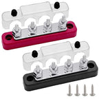 4 x #10 (M5) Studs Bus Bar, 4.2" Power/Ground Distribution Block Brass Battery BusBar Junction with Cover for Auto Boat Amplifier and More (Red & Black)