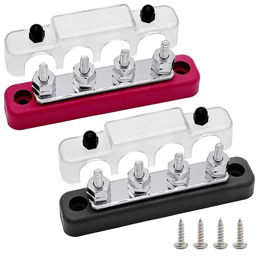 4 x #10 (M5) Studs Bus Bar, 4.2" Power/Ground Distribution Block Brass Battery BusBar Junction with Cover for Auto Boat Amplifier and More (Red & Black)