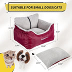 BurgeonNest Dog Car Seat for Small Dogs, Fully Detachable and Washable Cat Carseats Under 25 lbs, Soft Pet Booster Seats with Storage Pockets Clip-On Leash Portable Travel Carrier Bed, Red