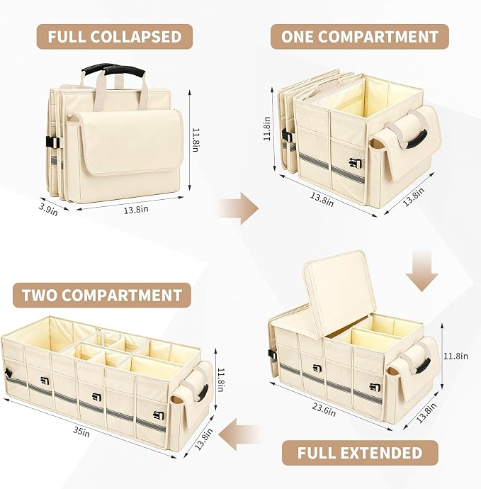 Car Trunk Organizer and Storage with Lid & Removable Cooler Bag, Car Accessories 6 Removable Dividers for Custom Space, Collapsible Trunk Organizers Interior for SUV & Sedan, Large