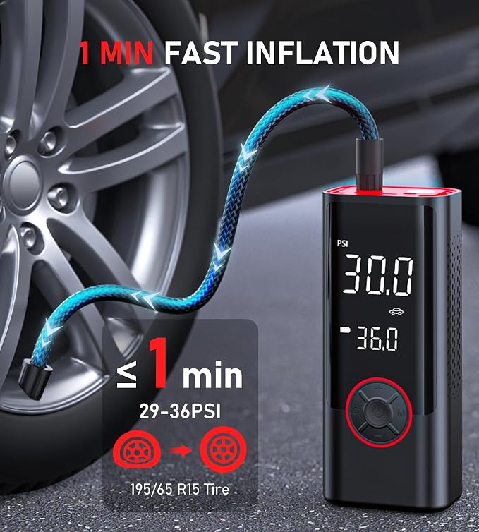 Tire Inflator Portable Air Compressor, Cordless Air Pump for Car Tires with Pressure Gauge, Battery & 12V DC Dual Power Bike Tire Pump, 150PSI Portable Tire Inflator for Car, Motorcycle, Bicycle, Ball