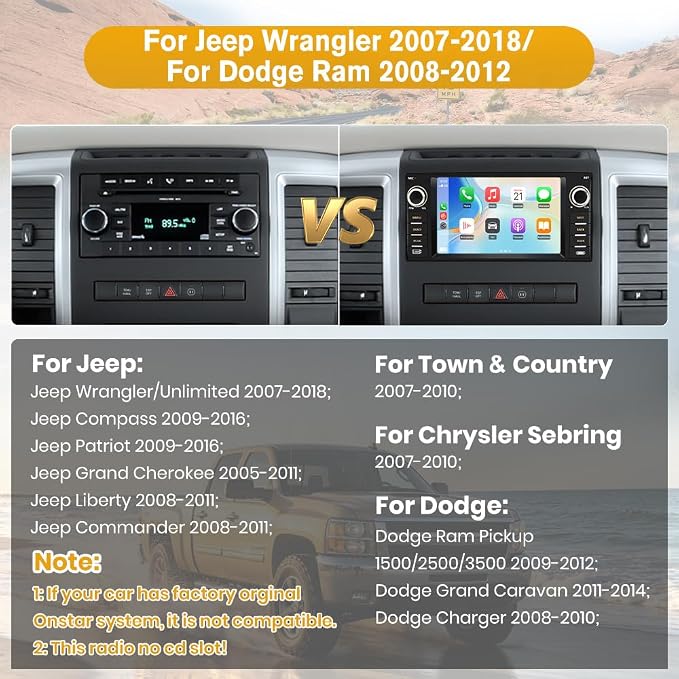 Car Radio Stereo for Dodge Ram 1500 2500 3500 2009 2010 2011 2012 Avenger Challenger 2008 2009 2010 2011 2012 2013 2014, 7 Inch Touch Screen with Wireless CarPlay Android Auto Backup Camera