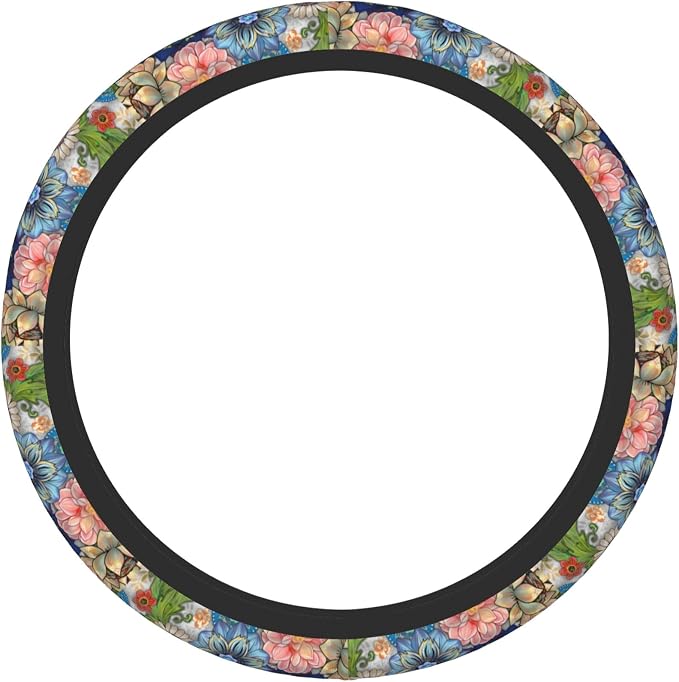 Colorful Boho Floral Bright Blossoms Print Cute Steering Wheel Cover for Women,Car Accessories Interior Decor Universal for SUV Sedan Trucks (15 Inch)