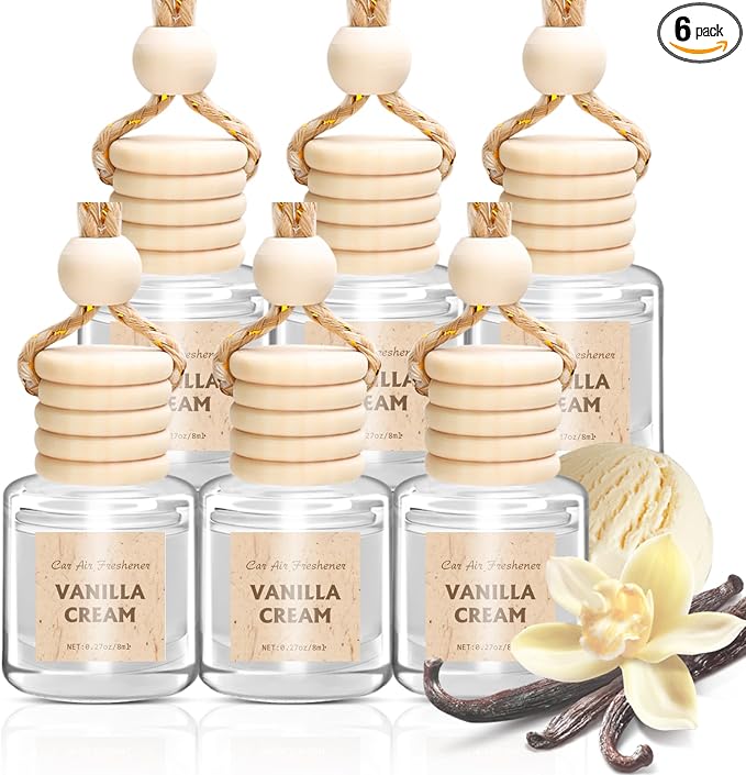Hanging Car Air Freshener, 6 Pack Vanilla Cream Long Lasting & Refillable Air Freshener, Natural Plant Essential Oil Fragrance Aromatherapy Diffuser, Car Accessories Interior Set for Women & Men