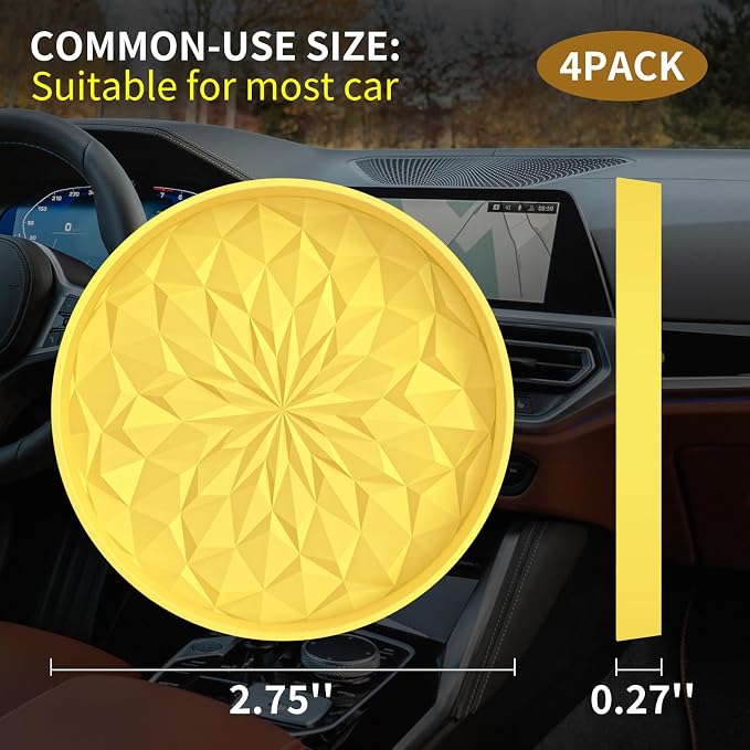 ME.FAN Car Coasters for Cup Holders [4 Pack] - 2.75In Silicone Auto Mug Mats - Universal Non-Slip Recessed Car Interior AccessoriesYellow