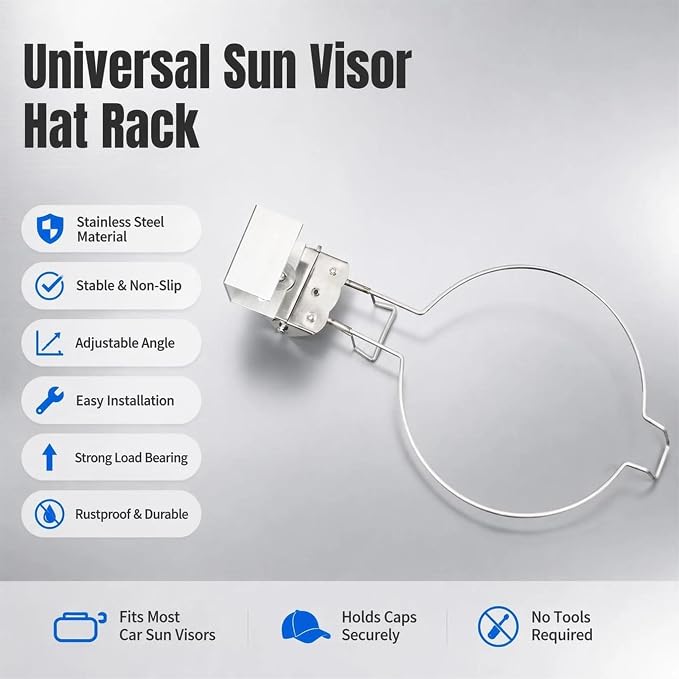 Car Visor Hat Holder for Cowboy Hats & Baseball Caps – Universal Sun Visor Hat Rack Organizer – Heavy-Duty Iron Mount Fits Cars, Trucks, SUV, Pickups – No Drilling, Space-Saving Design