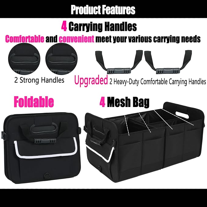 Trunk Organizer for SUV & Sedan, Car Organizers and Storage, Waterproof Collapsible & Adjustable Straps, 70L Sturdy Car Organization for Car Accessories, Tools, Sundries (Black B, Large-A)