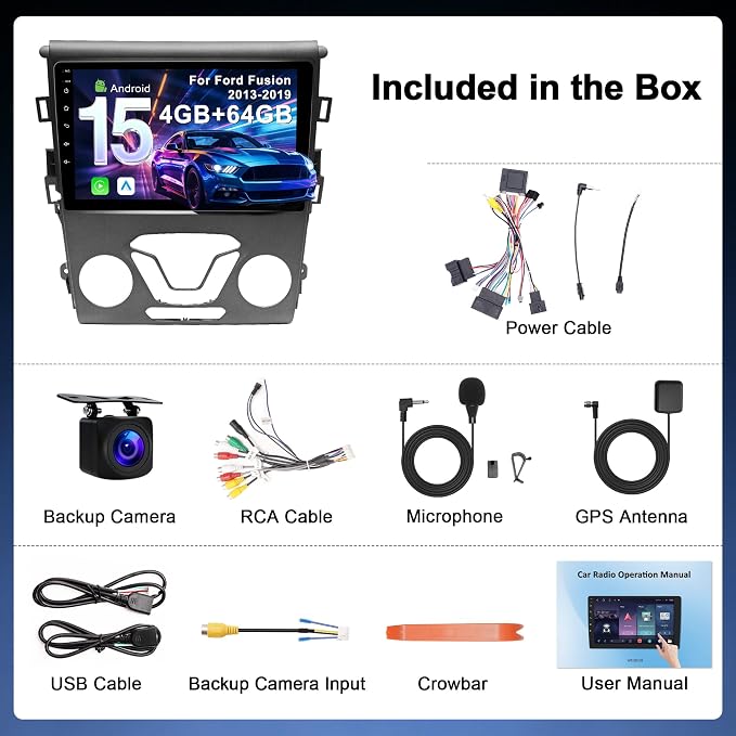 4G+64G Car Radio for Ford Fusion Mondeo 2013-2019: Only Fit Manual AC | Upgrade Android 15, Wireless CarPlay Android Auto, BT 5.4, WiFi 6, GPS, FM, RDS, EQ, SWC, 1080P Backup Camera