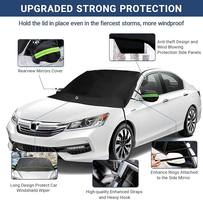 Windshield Cover for Ice and Snow, Car Windshield Snow Cover, Thicken Windshield Frost Cover Waterproof Windshield Snow Ice Cover with Side Mirrors Cover for Most SUVs Trucks (74"x 47")