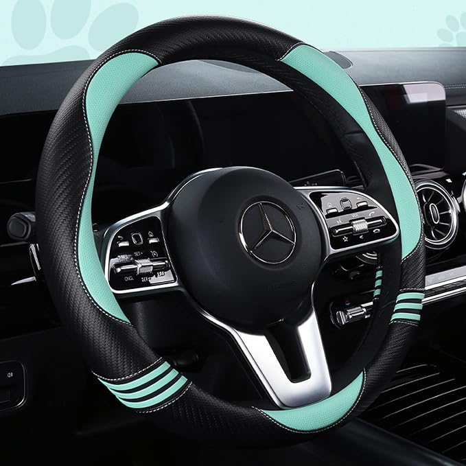 Car Steering Wheel Covers for Women Girl Padded Carbon Fiber PU Leather Cute Cartoon Auto Interior Accessories for Jeep, Truck, Universal, Anti Slip, Green, Large Size, 15.2-16in