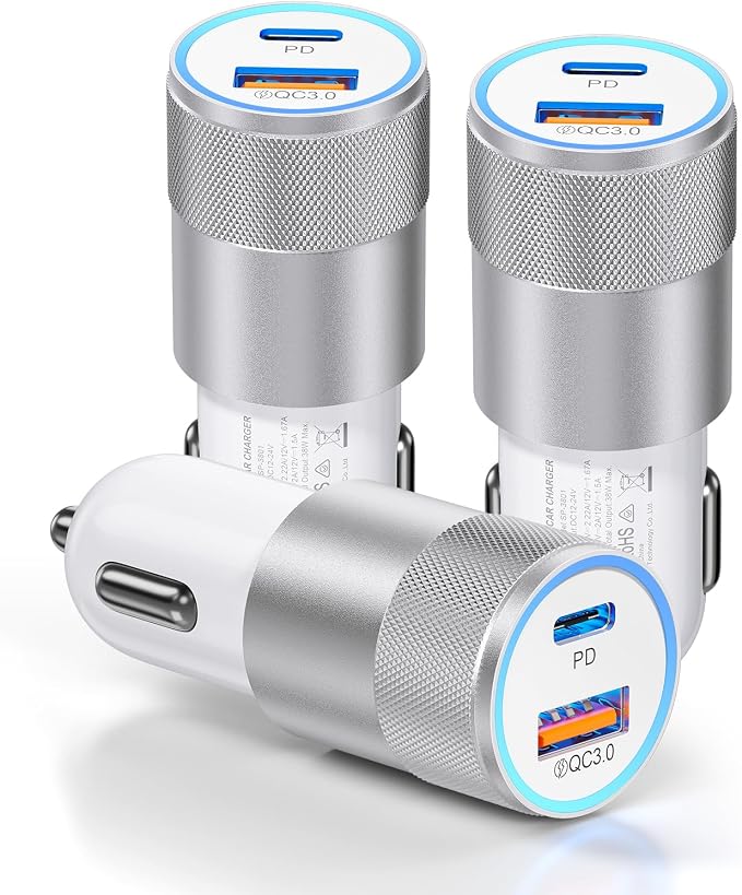 3-Pack Car Charger, 38W Dual Port Fast Charge PD & QC 3.0 Car Adapter Cigarette Lighter USB Plug for iPhone 16/15/14/13 Pro Max, iPad, Galaxy S25/S24/S23 and More (White)