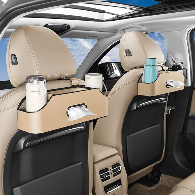 Car Back Seat Organizer with 2 Drink Cup Holder - Tissue Box and Storage Box Hook - Multi-functional Storage - Great for Kids and Travel (Beige)