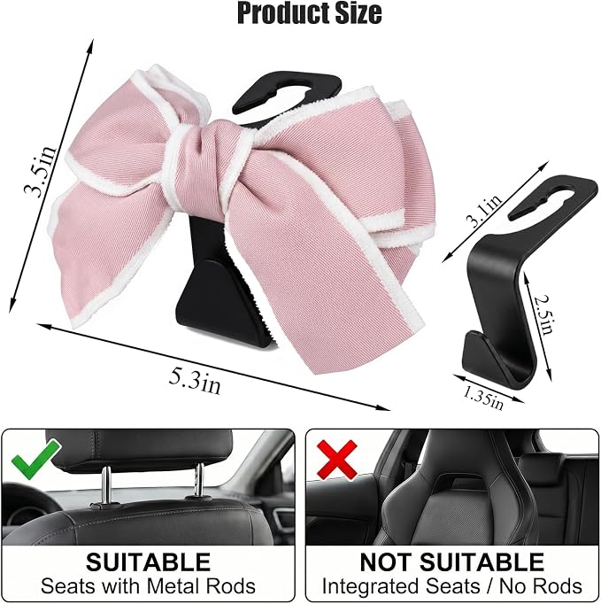 2 Pack Cute Bow Car Seat Headrest Hooks, Purse Hook for Car, Car Purse Hanger for Bags, Backseat Storage Organizer, Universal Vehicle Hooks for Women, Sedan SUV Truck, Pink