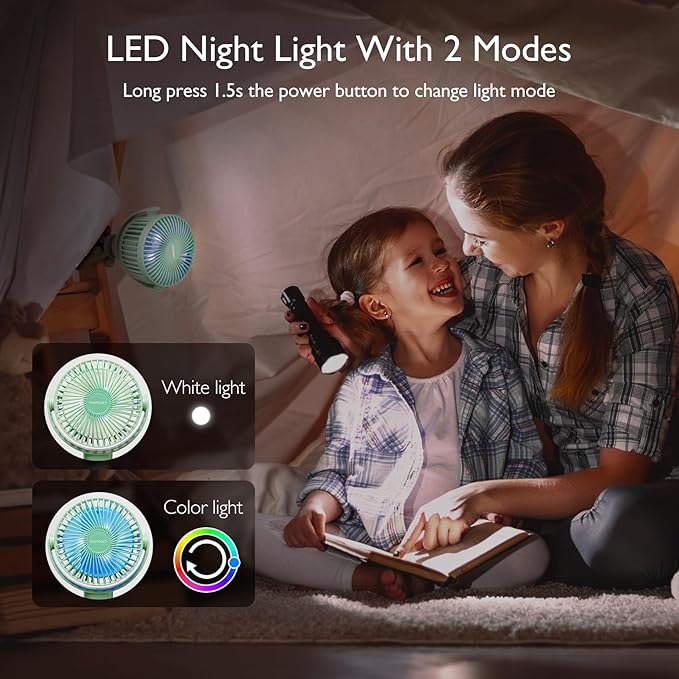 8000mAh Portable Stroller Fan, 27H Ultra-long Battery Life Detachable 4 Speed 360°Rotate LED Night Light with 2 Modes, USB Rechargeable Handheld Cooling Fan for Travel/Car Seat/Bedroom