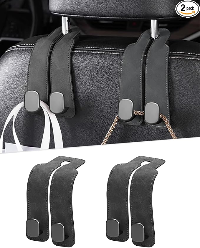 2 Pcs Car Hooks for Headrest, Adjustable Vehicle Seat Back Car Organizers and Storage Accessories, Universal Fit Double Metal Leather Purse Holder for Car (Grey)