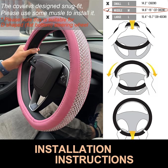 D Shaped Bling Comfy Steering Wheel Cover with Jumbo Crystal Rhinestones, Anti-Slip Diamond Leather, Flat Bottom 14.5-15 Inch (All Pink)