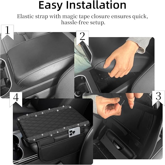 Bling Car Center Console Cover, Leather Car Arm Rest Cover Cushion with 2 Storage Bags, Universal Automotive Armrest Protector Storage Box, Bling Accessories Interior for Most Vehicles (Black)
