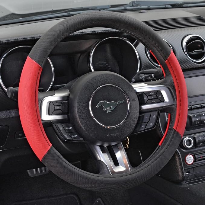 Sporty Two Tone Ergonomic Grip Steering Wheel Cover - Plush Leather Grip for Standard Size Wheels 14.5-15 inch Red/Black