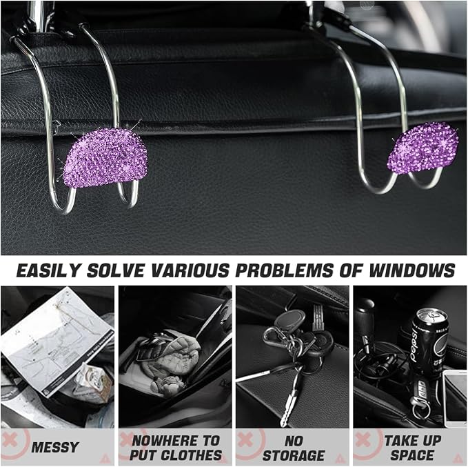 Car Headrest Hook, 2 Pack Bling Backseat Organizer Hanger for Purse Clothes Grocery Bag, Rhinestones Auto Headrest Storage Holder, Universal Car Seat Accessories for Most Vehicle (Purple)