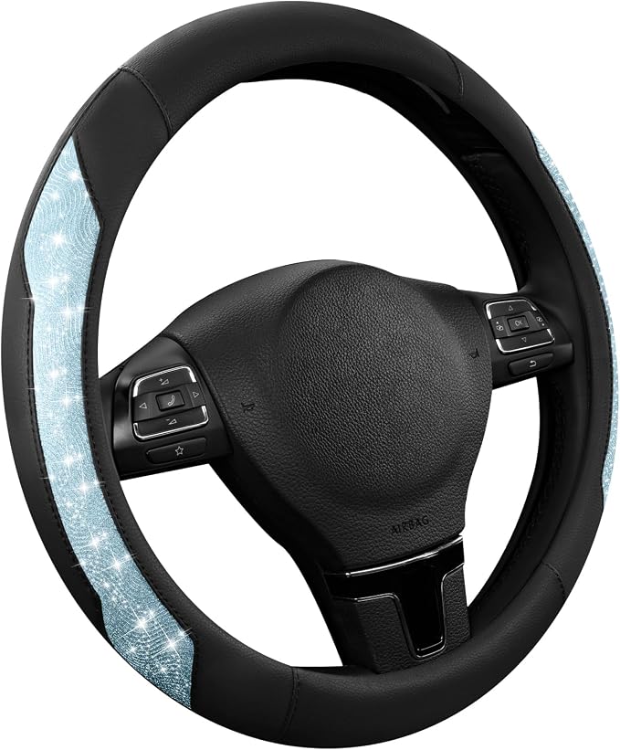 Steering Wheel Cover, Light Blue Sparkly Crystal Bling Glitter with Leather, Universal Fit 14.5"-15.5" Steering Wheels for Girls & Women, Anti-Slip Wheels Cover for Cars, Trucks, Van, SUVs