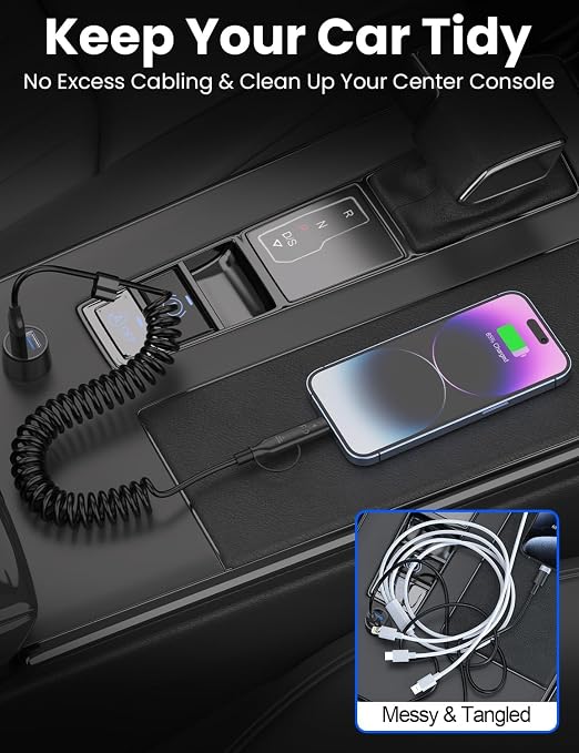 Coiled USB-C and Lightning Cable 2-in-1, 3FT iPhone 17 16 Car Charger Cord, 60W Fast Charging Cable for iPhone 15, Samsung Galaxy Supports Apple CarPlay & Android Auto