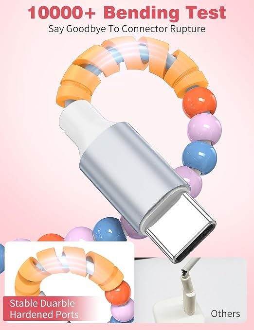 USB A to USB C Cable 6FT,Beaded Charger Cord for iPhone 17 16 Pro Max 17e 15 Car play,Type C Cute Car Charger Cord for iPad 10 11th A16/Samsung S26 S25 S24 S23 FE/Android Phone Girl Women,Blue-Orange