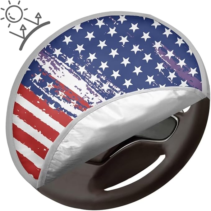 US Flag Steering Wheel Sun Shade Cover Cooling Steering Wheel Sun Block Anti-Heat Aluminum Foil Steering Wheel Cover Steering Wheel Sun Heat Shield for SUV Truck Van