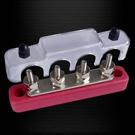 4 x #10 (M5) Studs Bus Bar, 4.2" Power Distribution Block Brass Battery BusBar Junction with Cover for Auto Boat Amplifier and More (Red)