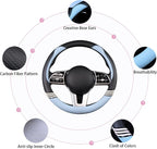 14 inch Cute Steering Wheel Cover for Women Men Faux Leather and Carbon Fiber,Black and Blue