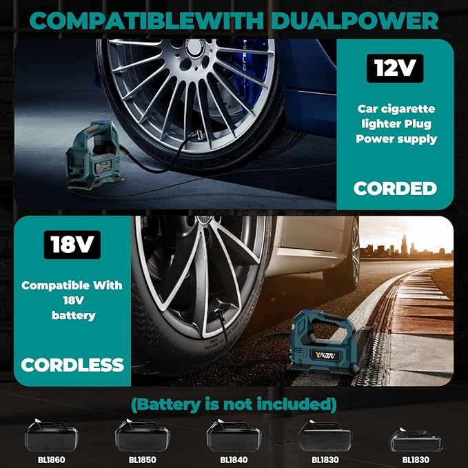 Cordless Tire Inflator Air Compressor Compatible with Makita 18V Battery,160PSI Portable LED Light Handheld Pump with Digital Pressure Gauge Cars Motorcycles Bikes Balls(Battery Not Included)