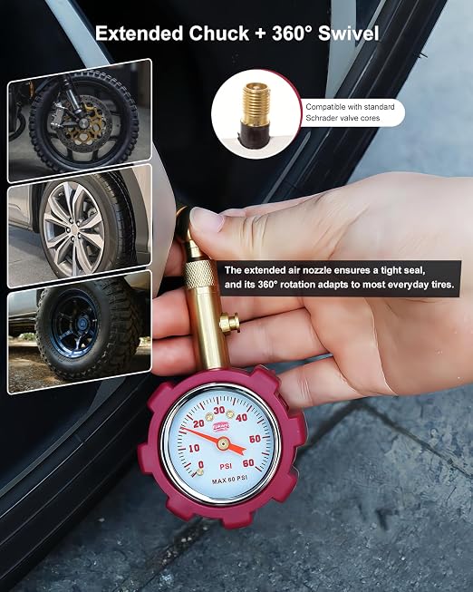 Tire Pressure Gauge – 5–60 PSI Analog Gauge with Pressure Hold, Extended Sealing 360° Swivel Chuck & Dual Protective Shell – Fits All Standard Valve Stems
