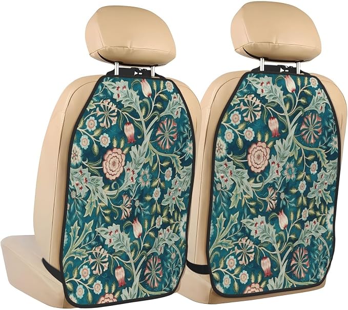 William Morris Teal Green Blue Vintage Floral Botanical Pattern Car Seat Back Kick Protectors Kick Mats With Storage Pockets For Vehicles To Protect From Dirt Mud Scratches 2 Pack