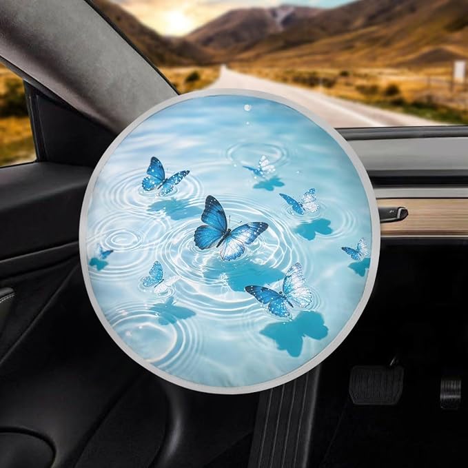 Blue Butterfly Car Steering Wheel Cover Sun Shade Reflect UV Sun and Heat Auto Interior Protector Easy Installation Universal Steering Wheel Cover for Car Truck SUV Van