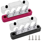 4 x #10 (M5) Studs Bus Bar, 4.2" Power/Ground Distribution Block Brass Battery BusBar Junction with Cover for Auto Boat Amplifier and More (Red & Black)
