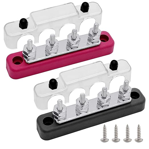 4 x #10 (M5) Studs Bus Bar, 4.2" Power/Ground Distribution Block Brass Battery BusBar Junction with Cover for Auto Boat Amplifier and More (Red & Black)