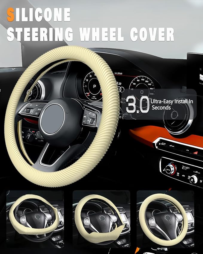 Car Steering Wheel Cover, Thin Anti-Skid Silicone Steering Wheel Cover for Men & Women, Universal Automotive Interior Accessories for Most Cars (Light Yellow)