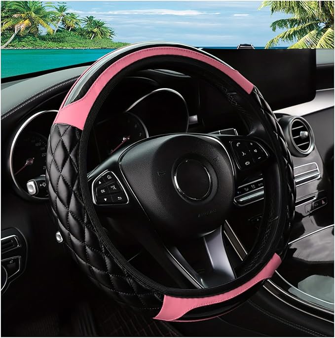 Car Steering Wheel Cover, 14.5-15inch Leather Anti-Slip Car Wheel Cover Protector, Safety Comfortable Desgin, Universal Auto Steering Wheels Accessories for Cars Truck SUV (Pink)