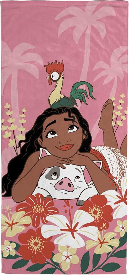 Kids Beach Towel - 100% Cotton Super Soft Absorbent Bath Towel, 28" x 58" Inch Lightweight for Travel, Official Licensed Product, Pink - Moana